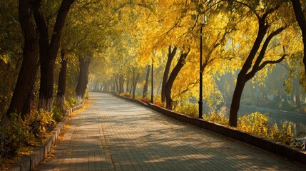 Naklejka premium Beautiful Autumn Pathway Through a Park With Golden Leaves and Serene Atmosphere