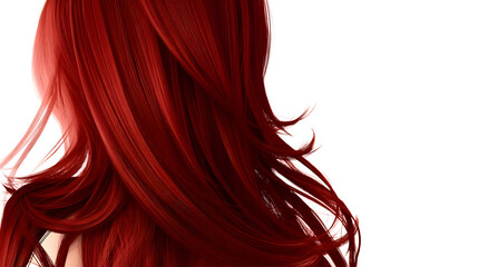 Close up view of long red hair with flowing strands against a white background in studio shot .