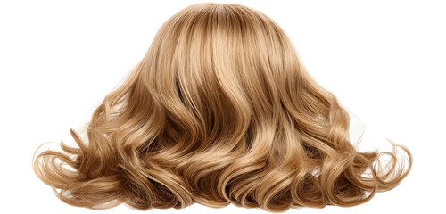 Close up shot of a blonde wig with wavy hair on a white background in a studio setting for beauty shots .
