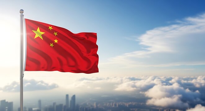 Chinese Flag Waving Proudly in the Sky Above Cityscape, Patriotic Symbol. - Powered by Adobe