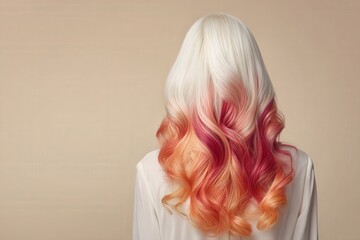 Naklejka premium A woman's back view showcasing vibrant, ombre-style hair highlights of coral, red, and white, creating a visually striking and fashionable look against a neutral backdrop.