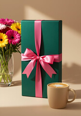 A dark green gift box with a pink ribbon bow, sitting beside a light beige coffee mug with latte art, on a beige background. A bouquet of colorful flowers in a glass vase is also visible.