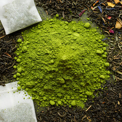 Matcha powder pile surrounded by loose leaf teas in a variety of types, displayed on a dark surface. A high-angle, close-up view of the matcha and other tea types.