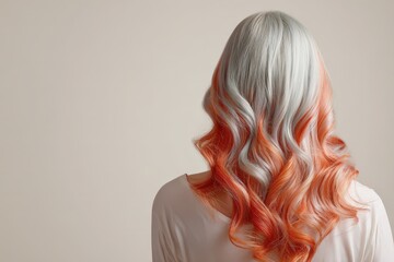 Naklejka premium Vibrant, wavy hair with a striking two-toned color gradient of soft gray and coral-orange hues, showcasing a stylish and modern look against a neutral backdrop.