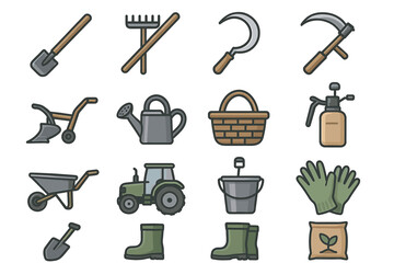 Collection of garden tools and equipment illustrations in various styles