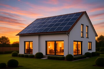 A modern house with solar panels on the roof during sunset, showcasing sustainable energy and architectural design for ecofriendly living
