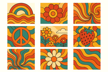 Colorful retro design with flowers, rainbow, peace sign, and strawberry in vibrant patterns