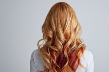 Obraz premium Wavy auburn and blonde highlights elegantly frame a woman's back.