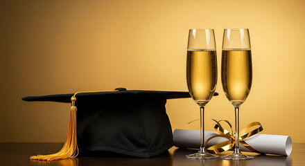 Graduation celebration with champagne and diploma. A black graduation cap sits beside two champagne flutes, and a rolled diploma tied with gold ribbon.