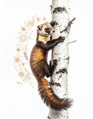 Obraz premium Agile marten ascending birch, energetic animal with celestial elements, studio shot
