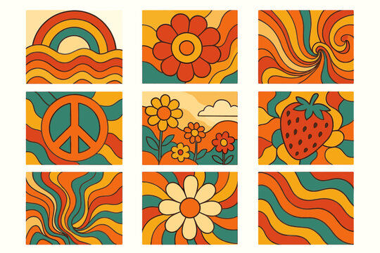 Colorful retro design with flowers, rainbow, peace sign, and strawberry in vibrant patterns