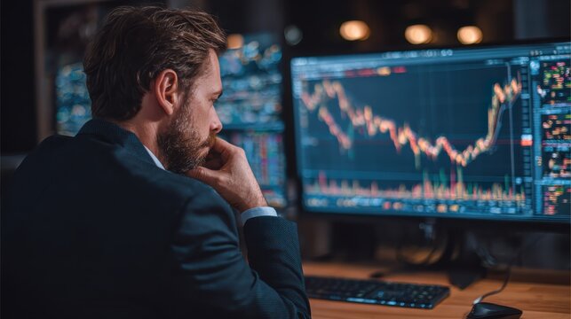 serious business man trader analyst looking at computer monitor investor broker analyzing indexes financial chart trading online investment data on cryptocurrency stock market graph on pc screen no l - Powered by Adobe