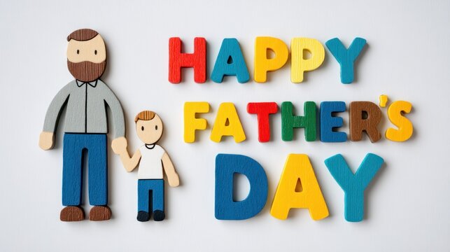 A creative illustration of a father and child with a Happy Father's  Day message in colorful, bold letters