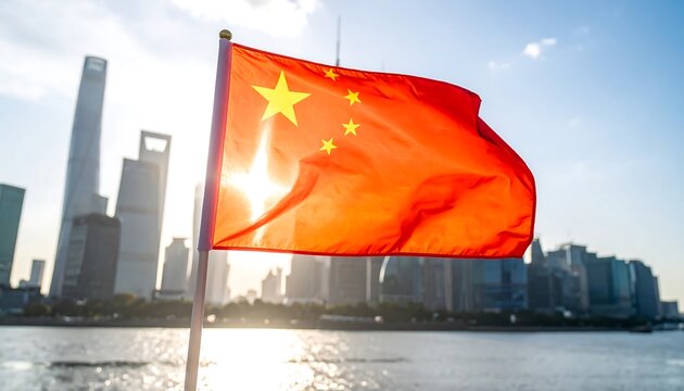 Shanghai Skyline: Chinese Flag at Sunset, Vibrant Red and Gold Hues