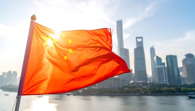 Majestic Chinese Flag Waving Over Shanghai Skyline at Sunrise