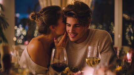 young handsome man whisper to his gorgeous woman while have romantic dinner and drinking wine on valentines day no logos no brands ar 169