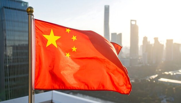 Chinese Flag Waving Proudly Against City Skyline, Golden Hour Sunlight.