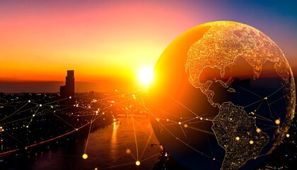 A global network connecting a city skyline at sunrise, depicted with a detailed world map overlayed, showcasing a vibrant sunset and cityscape silhouettes.