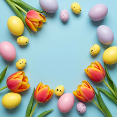 Colorful spring arrangement with painted eggs and tulips, perfect for Easter-themed advertising or social media posts.