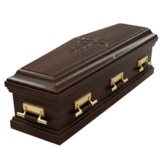 Realistic 3D Render of a Dark Wooden Coffin with Gold Handles Isolated