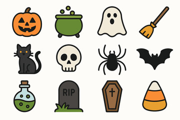 Fototapeta premium Halloween icons: pumpkin, ghost, witch broom, black cat, skull, spider, bat, tombstone, candy