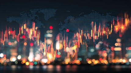 world business investment concept with digital screen with financial rising candlestick and map scheme at abstract night city background double exposure no logos no brands ar 169