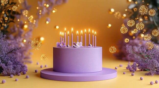 Purple birthday cake with lit candles and lavender flowers on yellow background purple cake