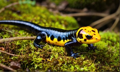 Fototapeta premium Close Up of a Yellow and Black Salamander on Vibrant Green Moss