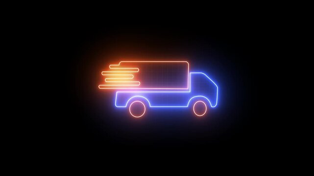 Neon glowing delivery truck icon set on dark background, fast shipping and logistic trucking symbols for transport, courier, express service, and distribution design