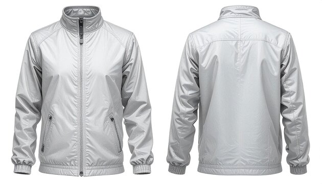 Silver jacket displayed front and back view on white background