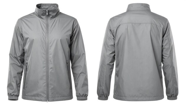 Windbreaker jacket displayed front and back view in neutral gray tone