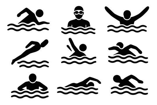 Silhouette icons of people swimming in various styles with goggles and waves