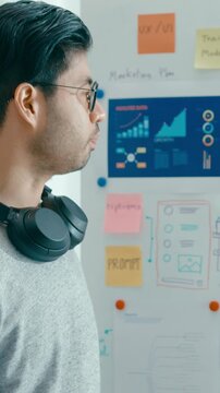 Vertical Screen : Group adult Asia male female software developers mentor leader manager talk strategy plan executive write prompt AI bot app nomad, video game, data center. Whiteboard slideshow code.