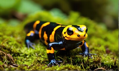 Fototapeta premium Vibrant Yellow And Black Salamander On Green Moss