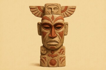 African tribal sandstone totem with symbolic carvings and geometric patterns, traditional ethnic art isolated on neutral background.