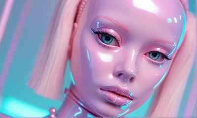 Futuristic Pink Doll Portrait Close up of Glossy Skin and Blonde Hair