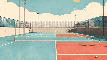Vibrant tennis court scene under a clear blue sky with colorful courts and scattered tennis balls