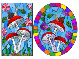 A set of illustrations in stained glass style snail on the mushrooms , on the background branches with leaves , grass and sky