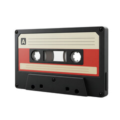 Fototapeta premium Realistic 3D Illustration of a Vintage Black Cassette Tape with Red and Cream Accents on Transparent Background