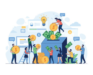 Crowdfunding Concept: A stylized illustration captures a dynamic crowdfunding scene, with people actively contributing and managing funds.