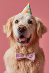 A cheerful golden retriever wearing a colorful party hat and a pink bow tie smiles at the camera. The vibrant pink background adds to the festive atmosphere of the celebration