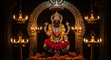 Fototapeta premium Parvati Statue with Candlelight and Marigold Flowers