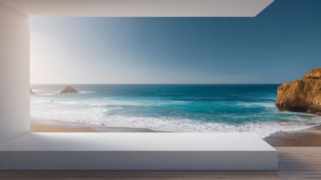 Fototapeta A serene coastal vista seen through an open window with gentle waves lapping on the shore and a clear blue sky stretching to the horizon creating a peaceful and relaxing atmosphere.