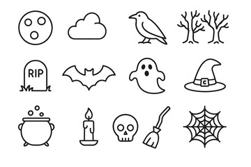 Halloween icon set: ghost, spider web, bat, witch hat, tombstone, and more