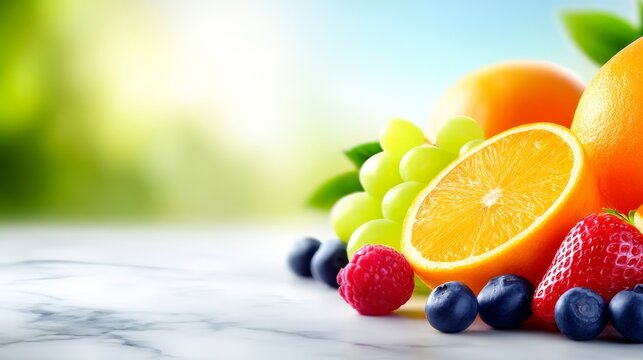 A vibrant and colorful still life composition featuring a bountiful assortment of fresh ripe fruits including apples oranges grapes and berries arranged artfully in a basket. - Powered by Adobe