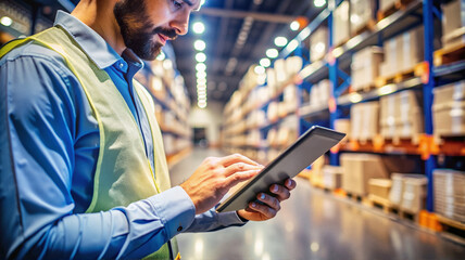 Warehouse worker using tablet for inventory