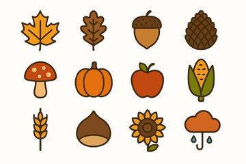 Colorful autumn icons: leaves, acorn, pinecone, mushroom, pumpkin, apple, corn, sunflower