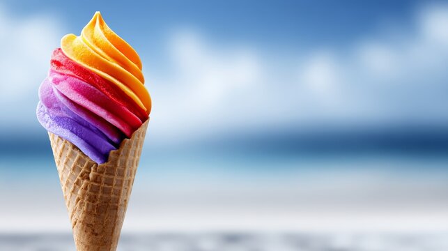A vibrant and delicious ice cream cone with multiple colorful scoops stands tall against a bright blue sky on a sunny summer day a perfect frozen dessert treat for warm weather refreshment.