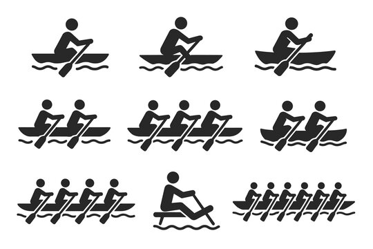 Silhouette of rowers in canoes and kayaks: vector icons of water sports