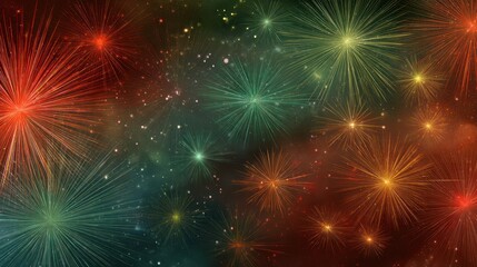 A stylized digital banner with fireworks and stars in bright reds, yellows, and greens